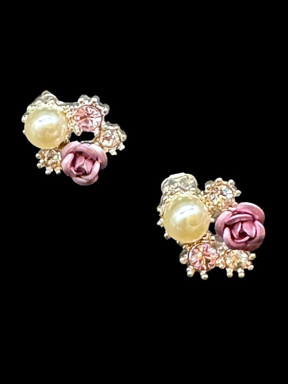 VTG Avon Pierced Earrings SAQ Stamped Silver Tone Pink Mauve Flower Stone Pearl